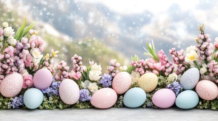 Obraz premium Colorful Easter Eggs Nestled Among Spring Flowers with Mountain Background in Scenic Landscape.