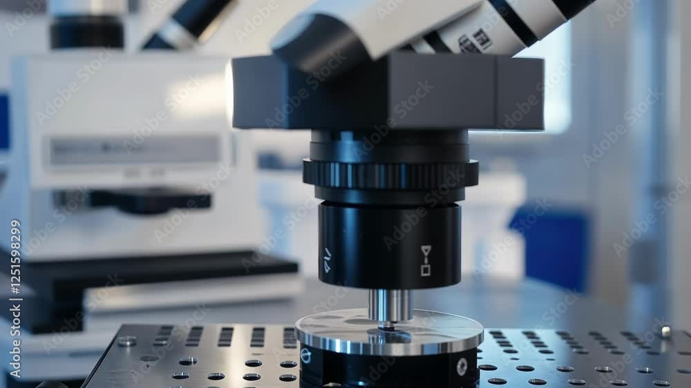 Poster hardness testing machine pressing a metal sample in a laboratory setting, performing quality control