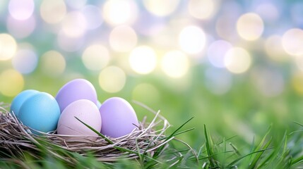 Obraz premium Colorful Easter Eggs Nestled in Grass with Bokeh Lights Background Holiday Scene.