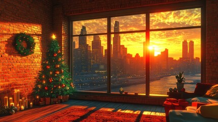 Christmas tree loft sunset city view holiday