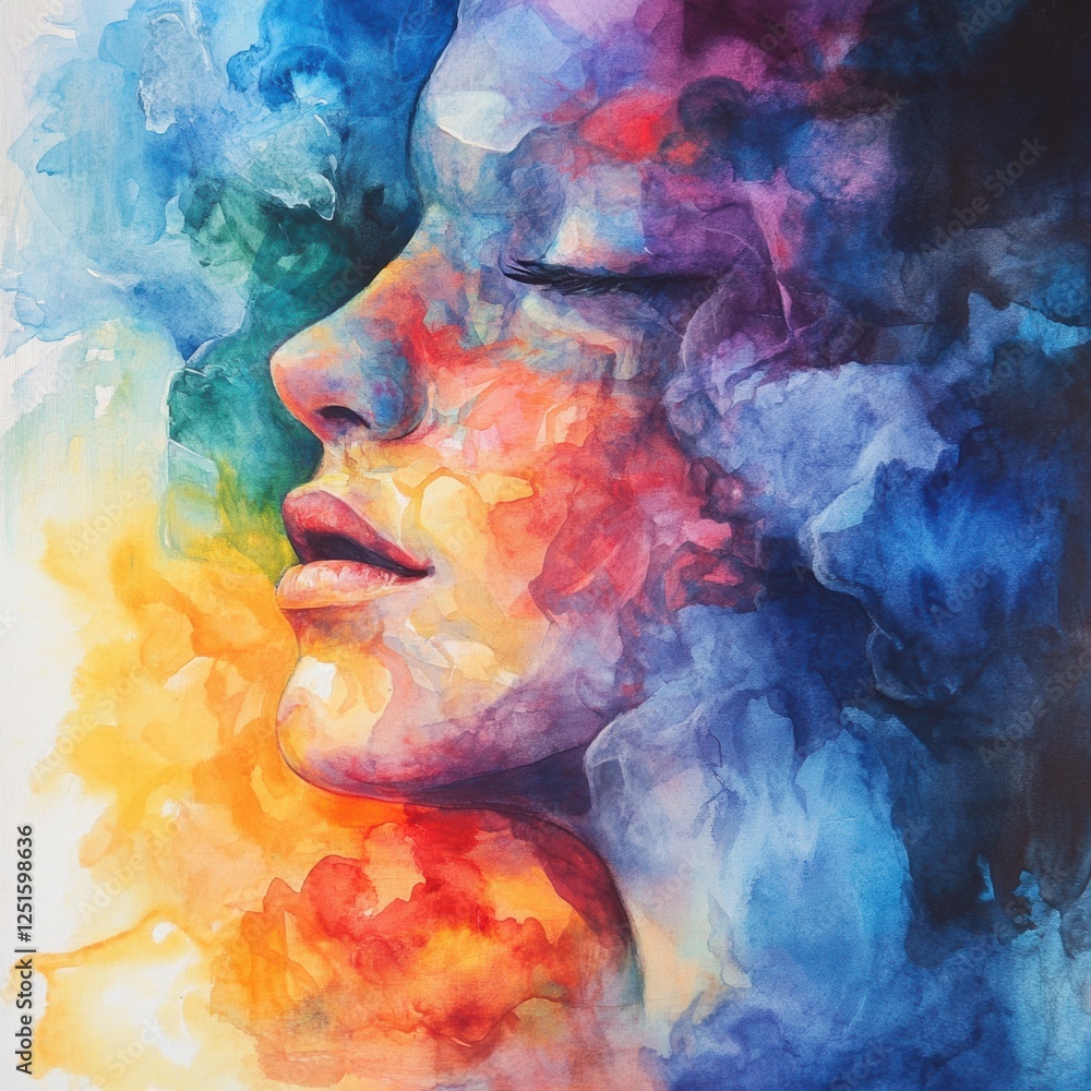 Poster vibrant portrayal of a serene face surrounded by colorful abstract clouds in a peaceful artistic exp