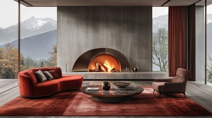 Modern red sofa, fireplace, mountain view living room interior design