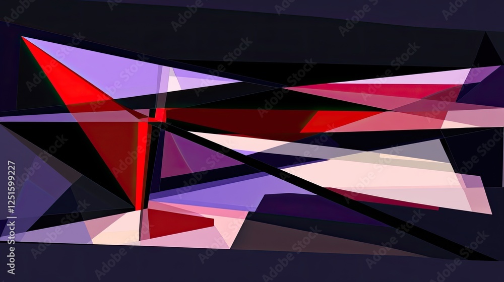 Poster black, deep purple, and red abstract geometric background with sharp lines, triangular patterns, and