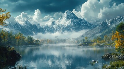 Misty mountain lake autumn landscape, scenic view, game background