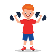 Cute Boy Lifting Dumbbell, Fitness Workout Flat Vector Illustration