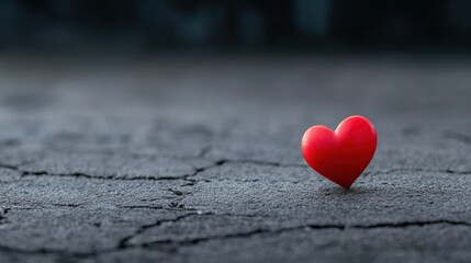 Fototapeta premium Small Red Heart Object on Cracked Dark Surface with Blurred Background for Romantic Concepts and Love Themes