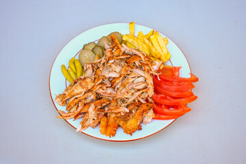 Lavash zurna doner kebab ( zurna  durum )  or shawarma sliced in plate isolated.  hatay usulu tavuk...