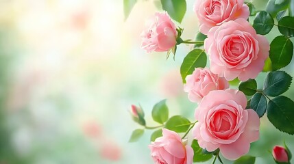 Vibrant pink roses with sunlight and blurred background.