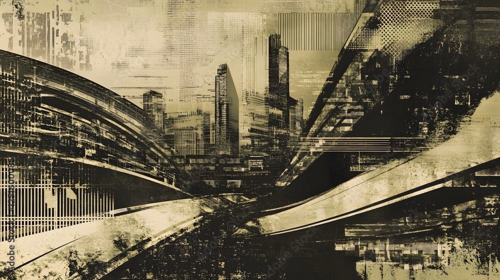 Poster futuristic cityscape with glitched digital overlays and abstract architectural elements