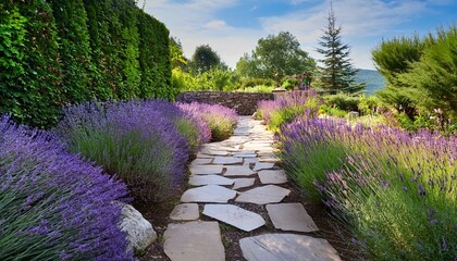 Obraz premium landscaped garden path with lavender and stone features