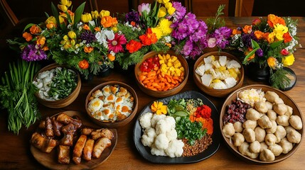 International Workers' Day Celebration table of workersa?? traditional food with vibrant spring flowers