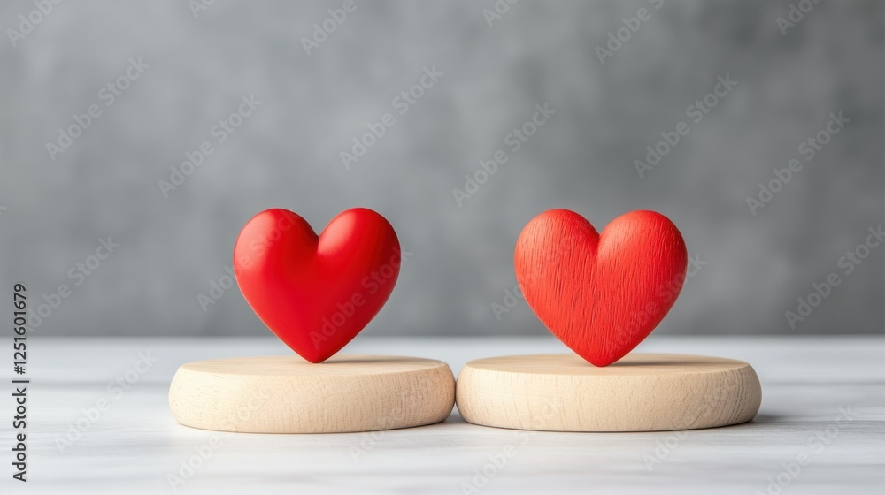 Poster Two Heart Shapes on Wooden Bases with Soft Focus Background Symbolizing Love and Connection in a Romantic Setting