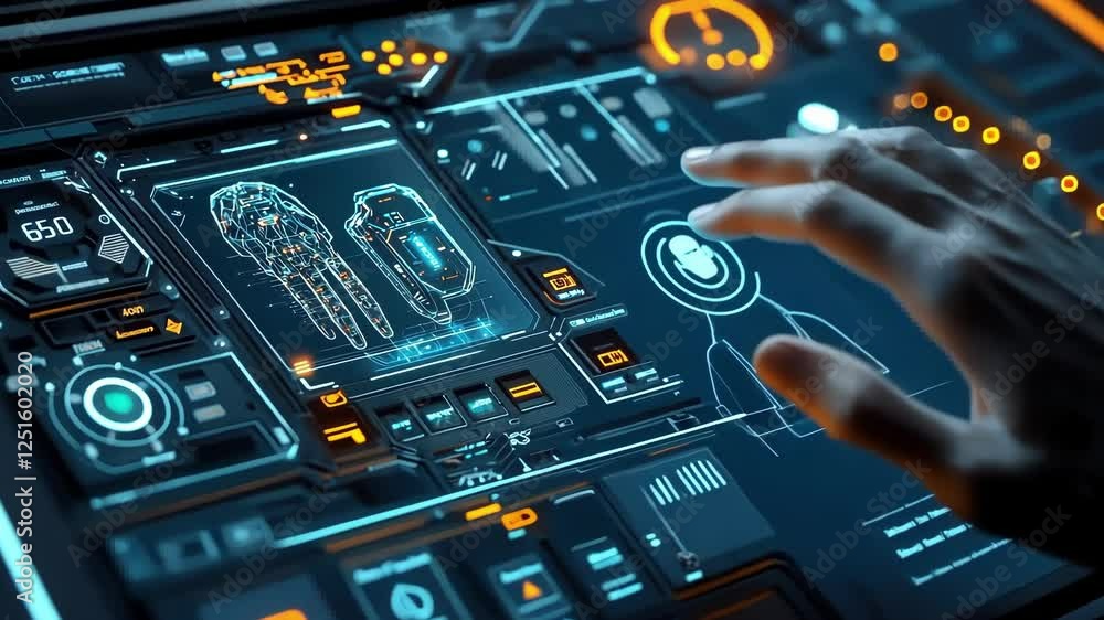 Poster engineer uses a complex digital interface to control a futuristic robotic arm, showcasing advanced t