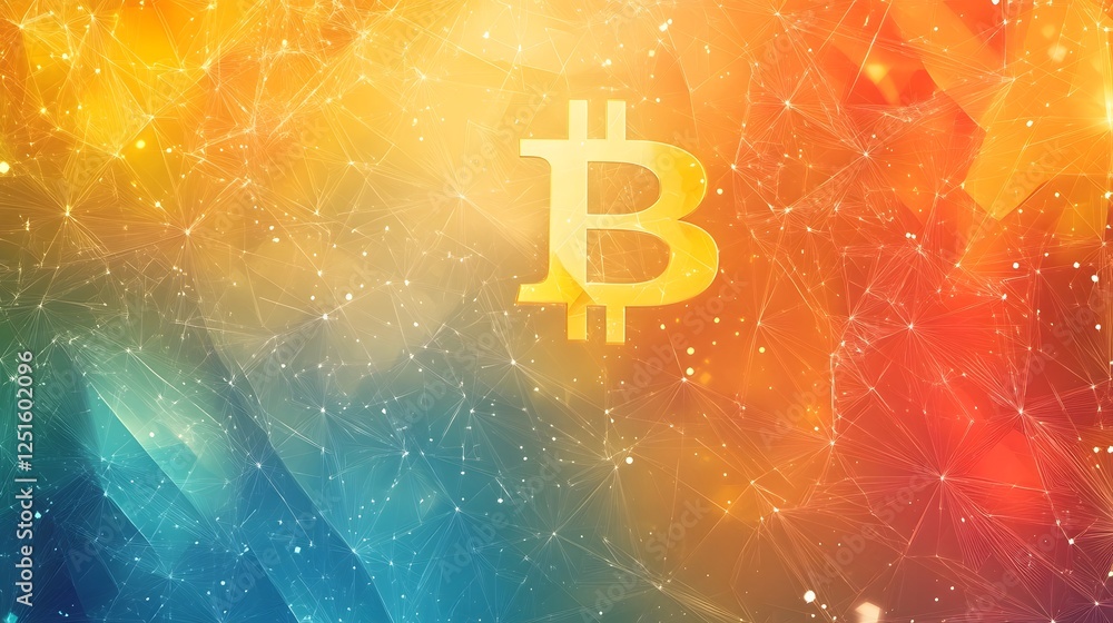 Aufkleber Glowing Bitcoin Symbol Amid Colorful Blockchain Background with Futuristic Digital Currency Concept