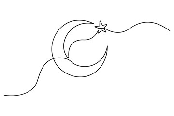 Obraz premium Continuous one line drawing of Moon and star outline vector illustration 