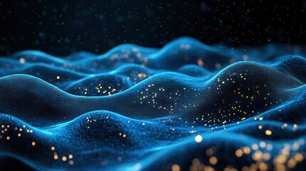Blue digital wave, glowing particles, dark background, data visualization
