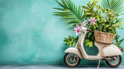 Vintage scooter with tropical plants, teal background. Possible use stock photo