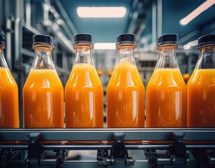 bottling line in a beverage factory showcasing orange juice being processed