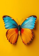 Obraz premium Vibrant blue and orange butterfly on a sunny yellow background. A striking image showcasing nature's beauty.