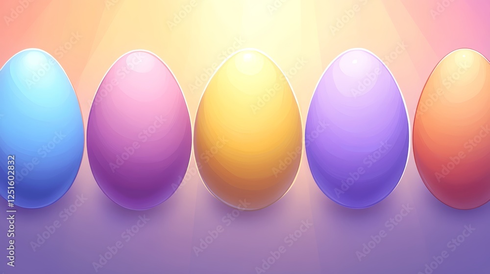 Poster colorful easter eggs shining on gradient light background arrayed in a row illustration style.