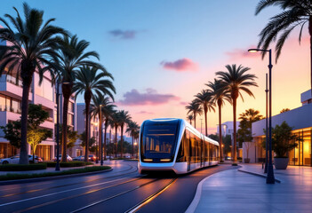 A tram is moving in the distance, palm trees are rustling