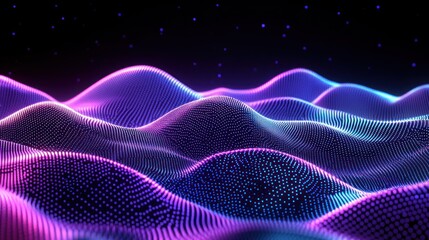 Abstract neon waves, digital landscape, starry night, data visualization