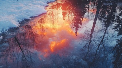A photo of a winter sunset, the sky ablaze with vibrant colors, reflecting on the snow-covered forest.