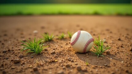 A solitary baseball rests on the infield, surrounded by sprouting grass, bathed in the warm glow of the setting sun, symbolizing the hopeful beginning of a new season.