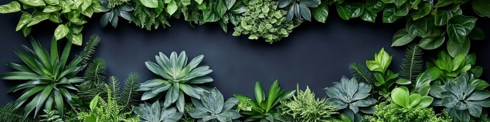 Obraz premium Tropical Green Plants Frame With Empty Space On Wall With Different Leaves, Ferns, And Succulents