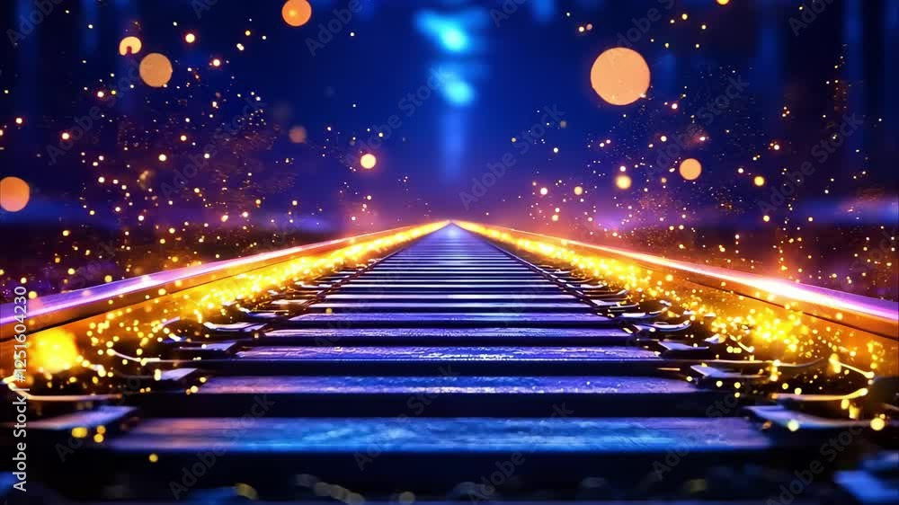 Poster A close-up view of a railway track illuminated by glowing lights and sparkles, creating a mystical, dreamlike atmosphere.