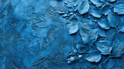 Blue textured background, embossed leaves, floral design, copy space, website banner