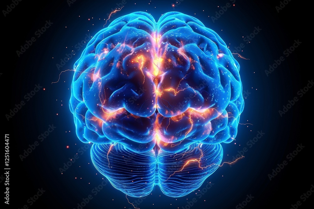 Poster centrally positioned ai brain motif on circular platform featuring blue and black color scheme