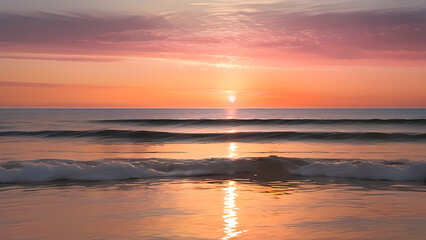 Obraz premium このデジタルグラフィックリソースは、穏やかな海の夕焼けの美しさを捉えています。軽やかな波が岸辺を撫で、金色の反射が水面で踊ります。空の優しいグラデーションは、ピンクからゴールドへと変化し、幻想的でリラックスした雰囲気を演出します。洗練されたデザインプロジェクト、エレガントなブランディング、ロマンチックな背景、芸術的な構成に最適です。