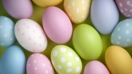 Colorful Easter Eggs With Polka Dots Arranged On A Solid Green Background For Celebration.