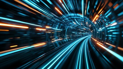 Futuristic tunnel with glowing blue lights.