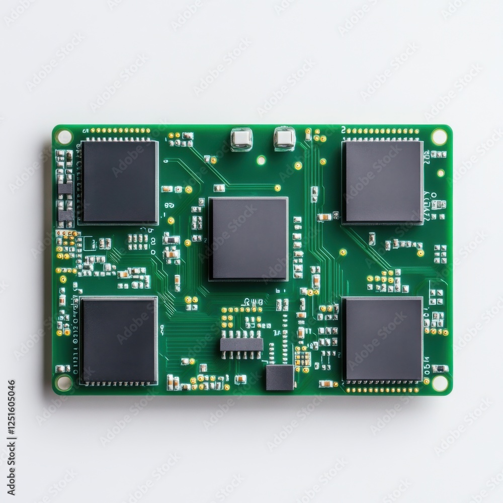 Poster high-resolution close-up of a green circuit board featuring integrated chips and complex circuitry d