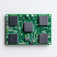 High-Resolution Close-Up of a Green Circuit Board Featuring Integrated Chips and Complex Circuitry Design
