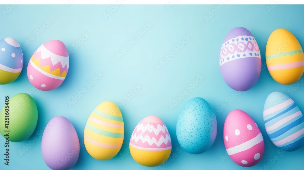 Aufkleber colorful easter eggs with unique patterns arranged on a light blue surface in a studio setup.