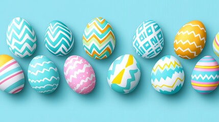 Fototapeta premium Colorful Easter Eggs With Various Patterns On A Light Blue Background Placed Diagonally.