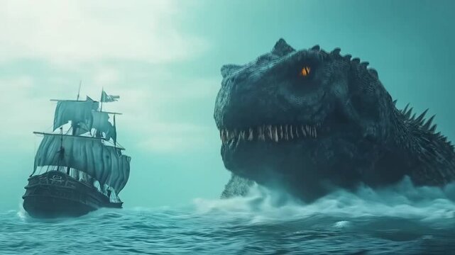 Scene of giant monster attacking pirates ship in the ocean, smooth repeating motion for background video animation