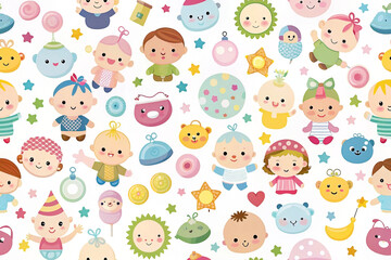 Cute babies, toys, and stars seamless pattern; baby shower, nursery decor