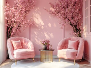 Serene pink interior with blossom trees and velvet armchairs creating a peaceful atmosphere