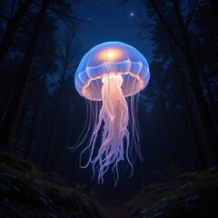 Giant glowing jellyfish floating in enchanted forest - Midnight sky and glowing lights in dark woods - Ethereal jellyfish surrounded by magical forest atmosphere - Dreamlike surreal night scene