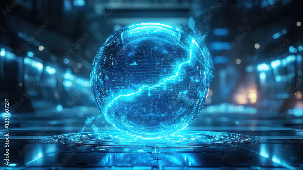Poster sleek transparent ai core encased in levitating crystalline sphere while emitting neon-blue data str