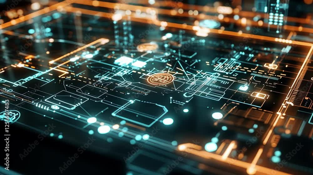 Aufkleber futuristic digital circuit board processing bitcoin transactions with glowing lines and nodes repres