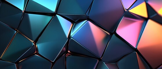 Abstract Geometric Surface with Metallic Texture and Iridescent Light Reflecting off Facets