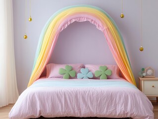 A single bed with a soft pastel rainbow canopy, shamrockshaped pillows, and golden string lights along the edges