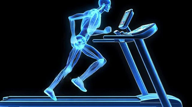 A futuristic holographic representation of a person running on a treadmill, symbolizing fitness, technology, virtual training, and the advancement of digital health and sports.