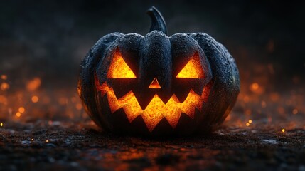 Glowing Halloween pumpkin, fire background, spooky night, autumn decor