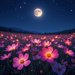 Naklejka premium Vibrant cosmos flowers glowing softly under the moonlight in a field - A peaceful, cosmic landscape illuminated by starlight